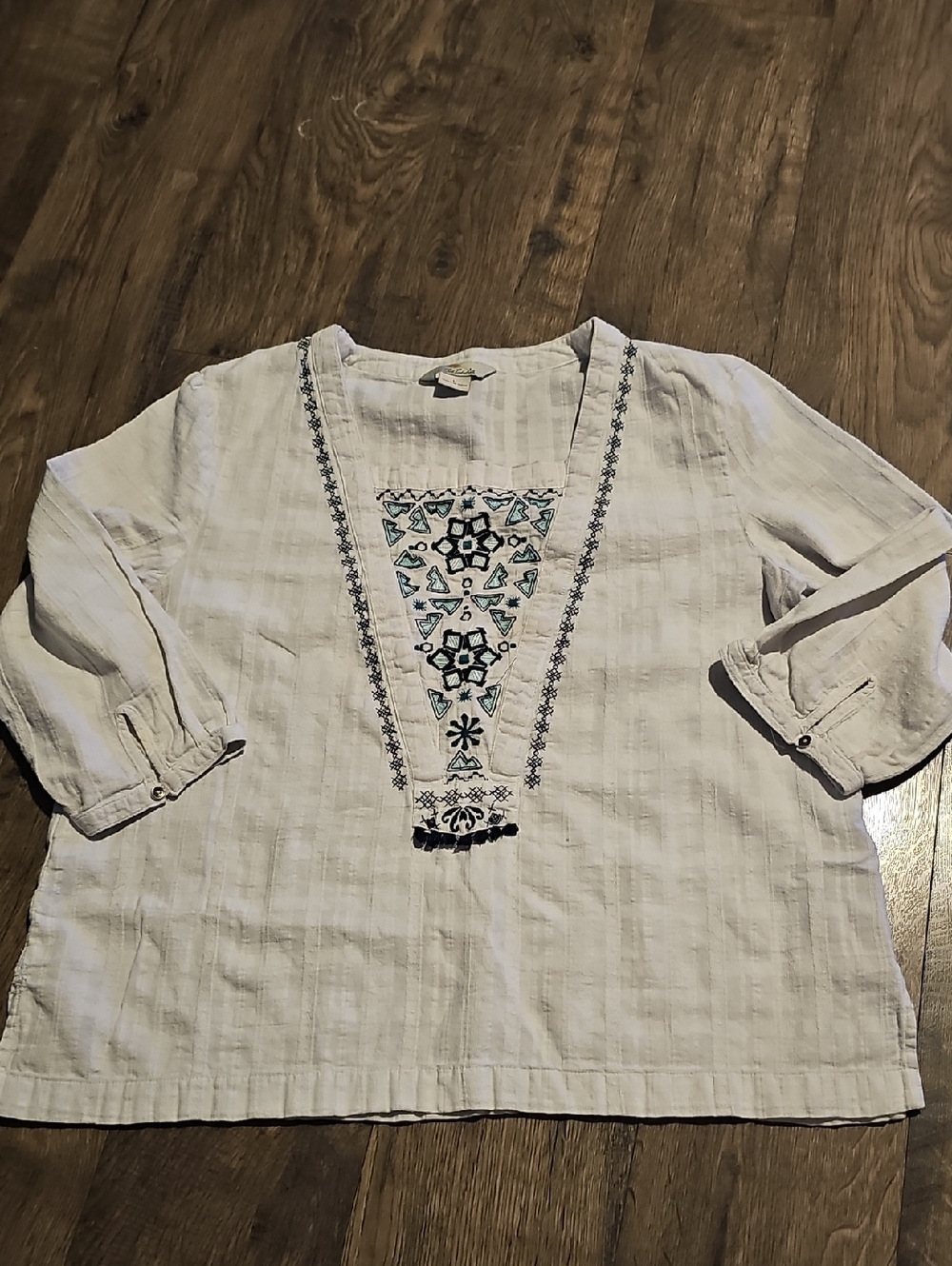 Bob Timberlake Embroidered V Neck Tunic Floral Large Bohemian 3/4 Sleeve